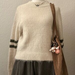coquette winter cream fuzzy sweater with dark green stripes🤍
